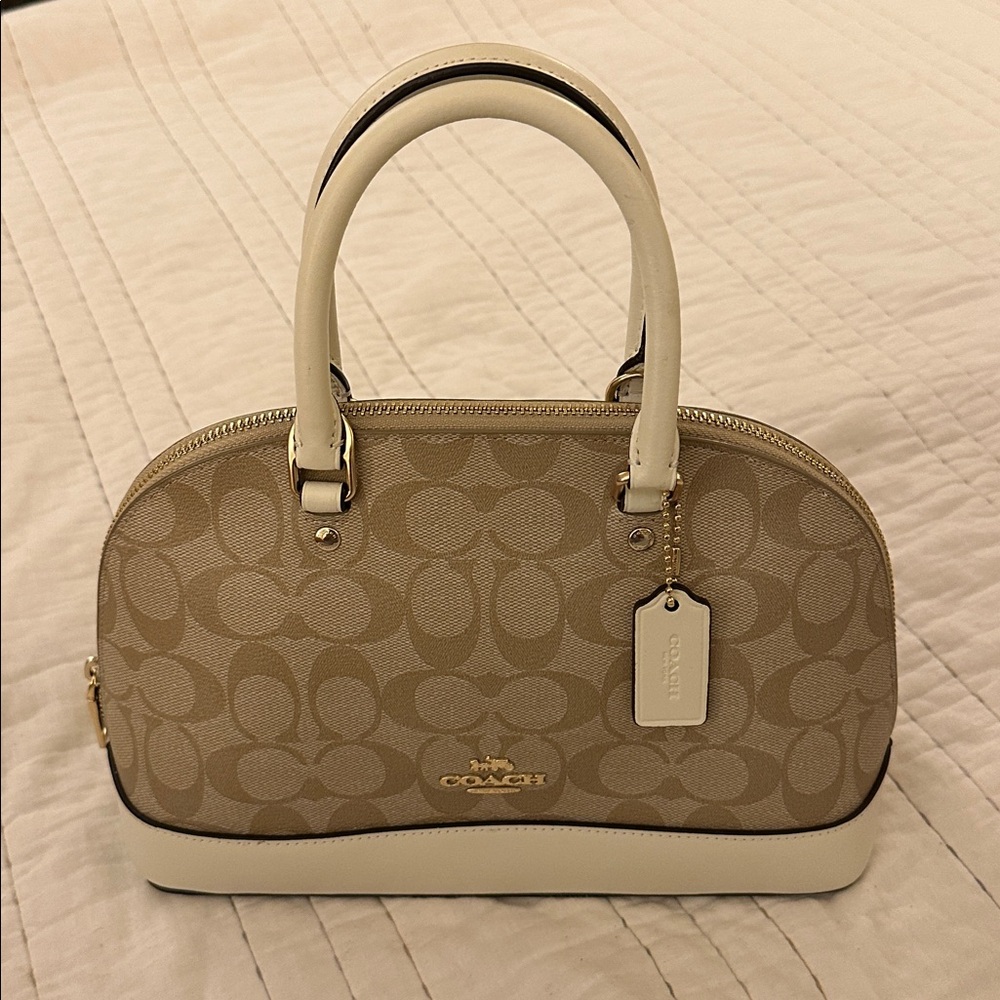 Coach NWOT Small Sierra Coated Canvas Signature C Tan White Leather 2way Bag